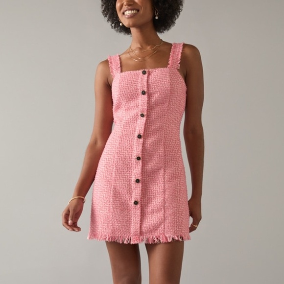 Francesca’s Dress Women XS Tweed Mini Button Front Barbie Nikki Shift Pink HH - Picture 1 of 7